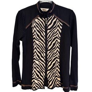 Exclusively Misook Zebra Print Knit Zip Up Sweater Size S